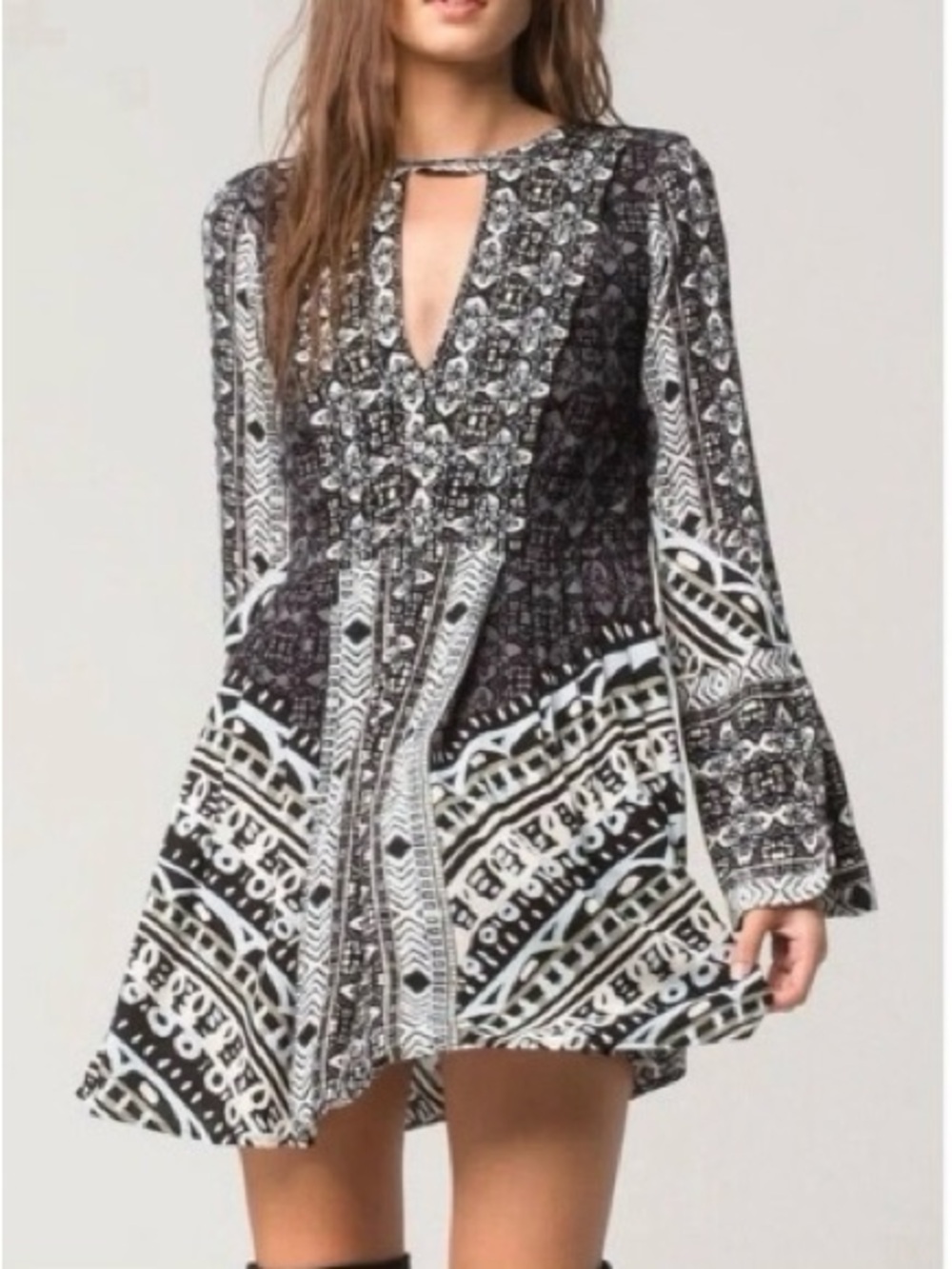 NWT Free People Black Women's 0 Tegan  Border Mini Dress Pockets Boho Hippy
